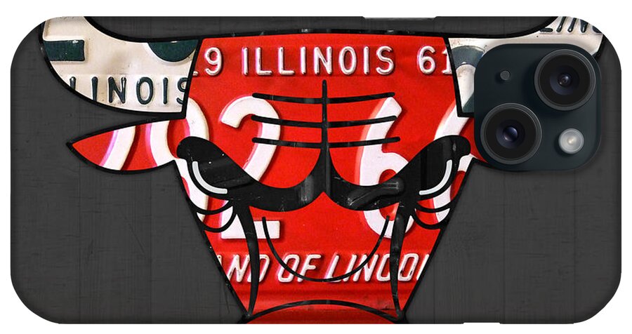 Chicago iPhone Case featuring the mixed media Chicago Bulls Basketball Team Retro Logo Vintage Recycled Illinois License Plate Art by Design Turnpike