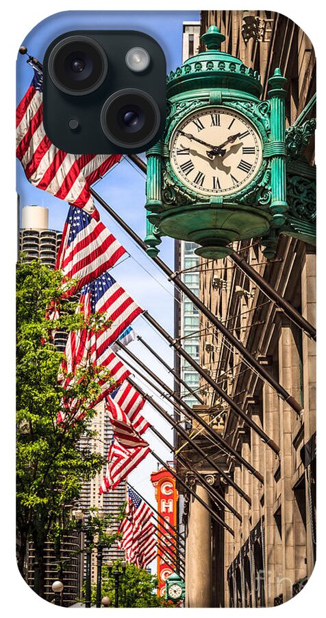 America iPhone Case featuring the photograph Chicago Macy's Clock and Chicago Theatre Sign by Paul Velgos