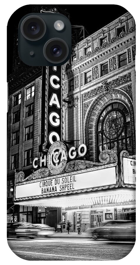 Chicago iPhone Case featuring the photograph Chicago Theatre Marquee Sign at Night Black and White by Christopher Arndt