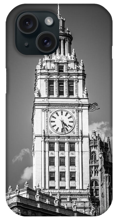 America iPhone Case featuring the photograph Chicago Wrigley Building Clock Black and White Picture by Paul Velgos