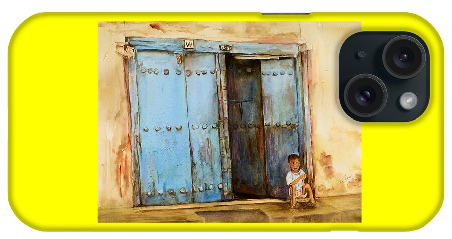 Doorway iPhone Case featuring the painting Child sitting in old Zanzibar doorway by Sher Nasser