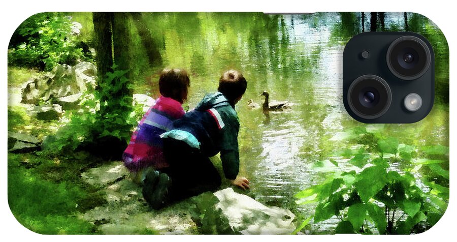 Park iPhone Case featuring the photograph Children and Ducks in Park by Susan Savad