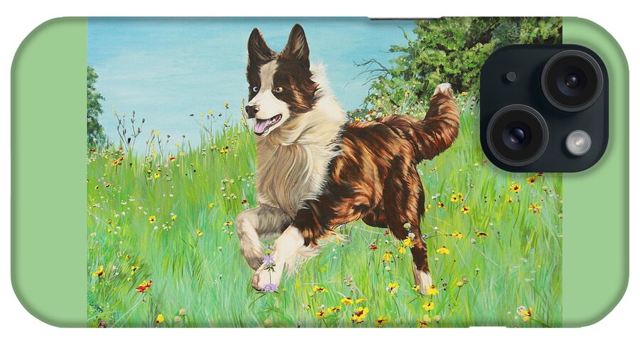 Border Collie iPhone Case featuring the painting Chocolate Border Collie in Meadow by Michelle Miron-Rebbe