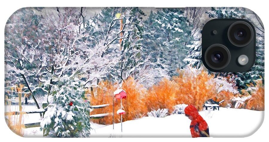 Christmas. Snow. Little Boy Shoveling. Fence. Wildlife. Cardinal. Snow Covered Trees. Pine Trees. Grasses. Light. Bird House. Bench. Photography. Digital Art. Nature. Fine Art. Digital Painting. Christmas Greeting Card. Greeting Card. Winter Landscape. Snow Landscape. Poster. Print. Canvas. iPhone Case featuring the photograph Christmas Snow by Mary Timman