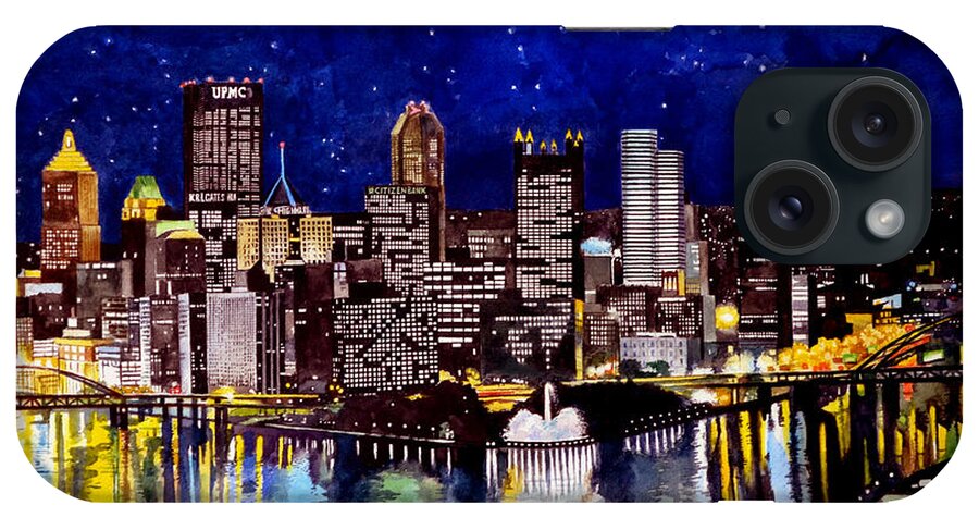 Supermoon iPhone Case featuring the painting City of Pittsburgh at the Point by Christopher Shellhammer
