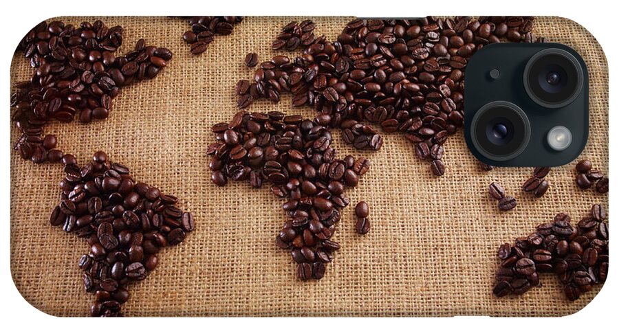 Burlap iPhone Case featuring the photograph Coffee Beans Forming World Map On Burlap by Adam Gault