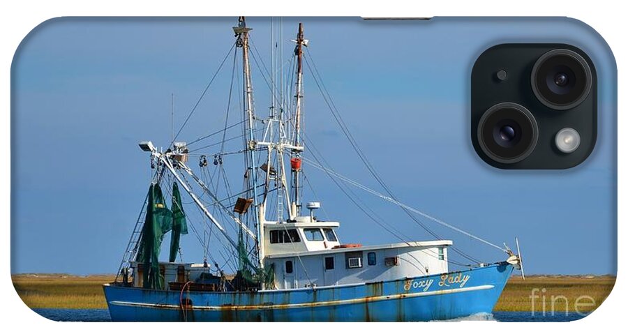 Blue iPhone Case featuring the photograph Colorful Shrimp Boat 16x9 Ratio by Bob Sample