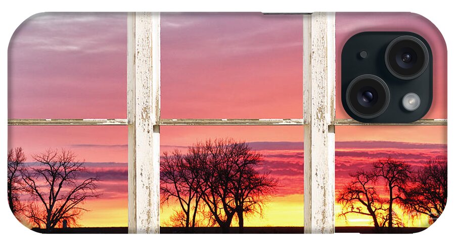 Windows iPhone Case featuring the photograph Colorful Tree Lined Horizon White Barn Picture Window Frame by James BO Insogna