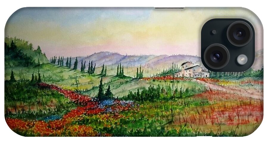 Landscape Flowers Mountains Trees Farm House iPhone Case featuring the painting Colorful Tuscany by Richard Benson
