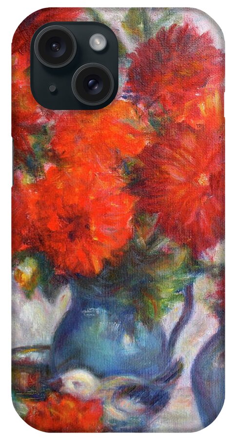 Passion iPhone Case featuring the painting Dahlias in Complementary Original Impressionist Painting - Still-life - Vibrant - Contemporary by Quin Sweetman