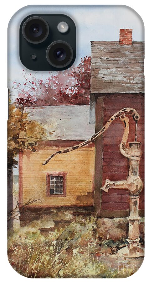 An Old Hand Water Pump In The Yard Of Rural Buildings. iPhone Case featuring the painting Cool Water by Monte Toon