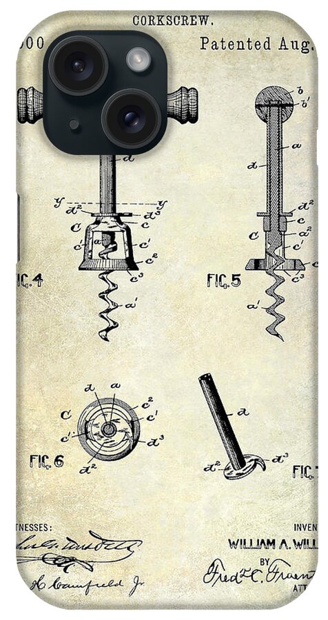 Corkscrew Patent Drawing iPhone Case featuring the photograph Corkscrew Patent 1897 by Jon Neidert