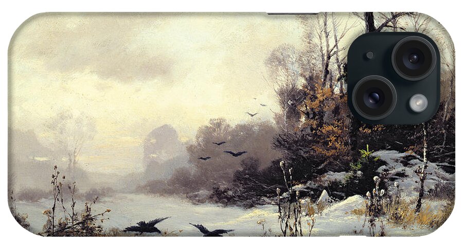 Snow iPhone Case featuring the painting Crows in a Winter Landscape by Karl Kustner