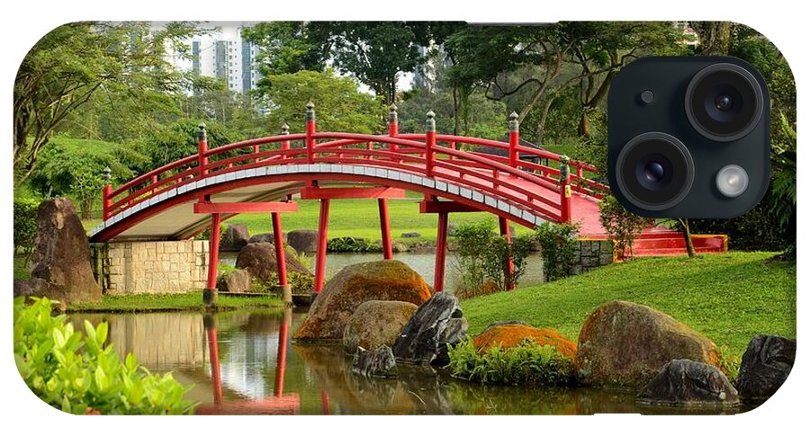 Bridge iPhone Case featuring the photograph Curved red Japanese bridge and stream Chinese Gardens Singapore by Imran Ahmed