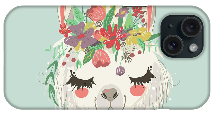 Crown iPhone Case featuring the digital art Cute Hand Drawn Llama With Flowers by Anna Babich