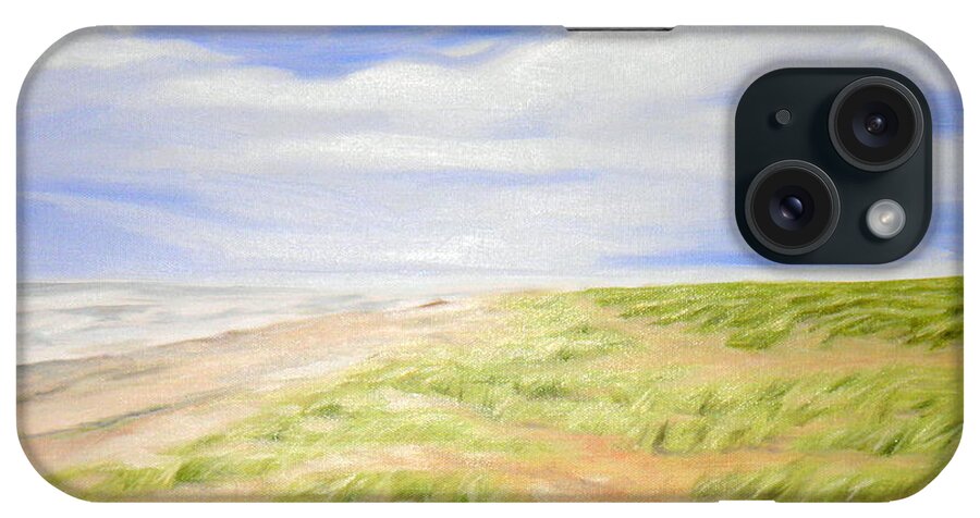 Sky Clouds Sea Sand Beach Grass Green White Blue Brown Grey Light Shadow Dark Waves Wind iPhone Case featuring the painting Danish dreams by Ida Eriksen