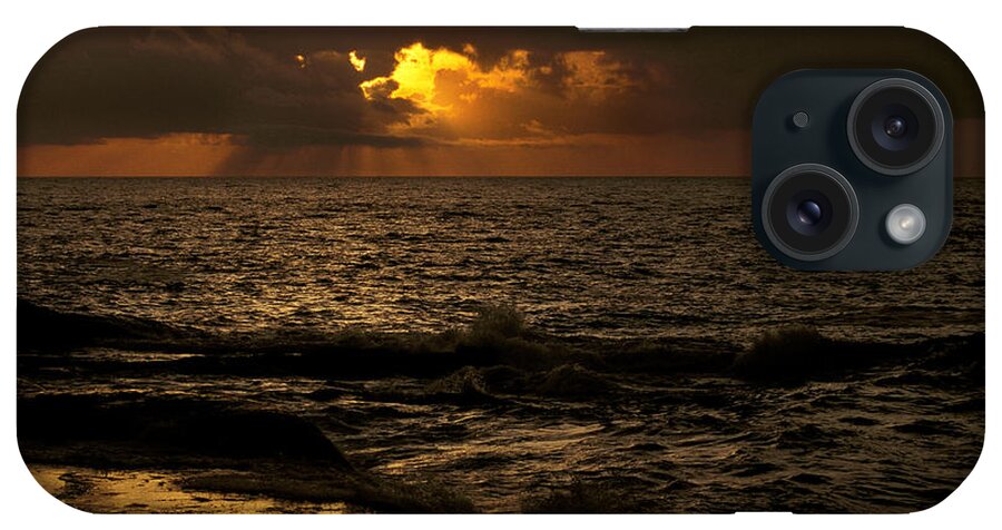 Landscape iPhone Case featuring the photograph Dark Shoreline With Sun And Clouds by Ron Sanford