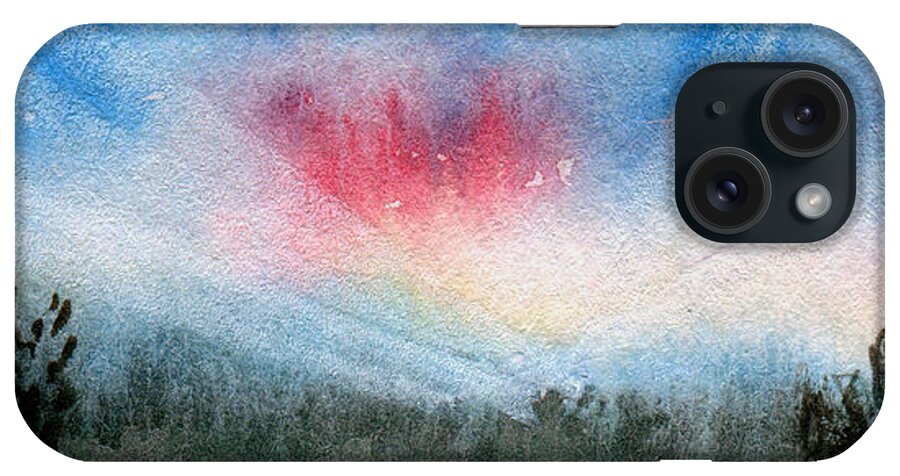 Art Artwork Painting Watercolor Watercolour Kyllo Dawn Sunrise Sunray Sunburst Sunbeam Pink Blue Green Clouds Cloud Morning Early Bright Cheerful Upbeat New Beginning Day Daylight Bush Bushes Weed Weeds Inspire Inspirational Mood Positive Energy Start Renew Panoramic Panorama Wide Scene View Broad Sweeping Big Width Large Landscape Decor Decoration Hard Fit Space Angle iPhone Case featuring the painting Dawn by R Kyllo