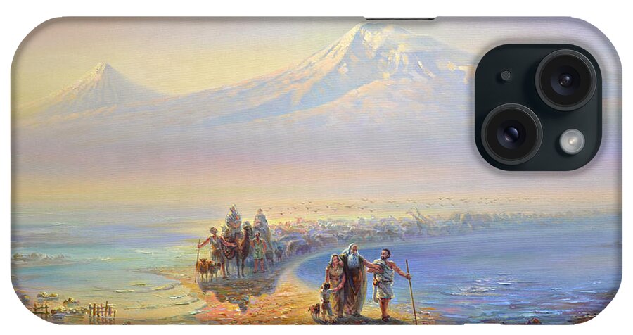 Noah Painting iPhone Case featuring the painting Descent of Noah from mountain Ararat by Meruzhan Khachatryan