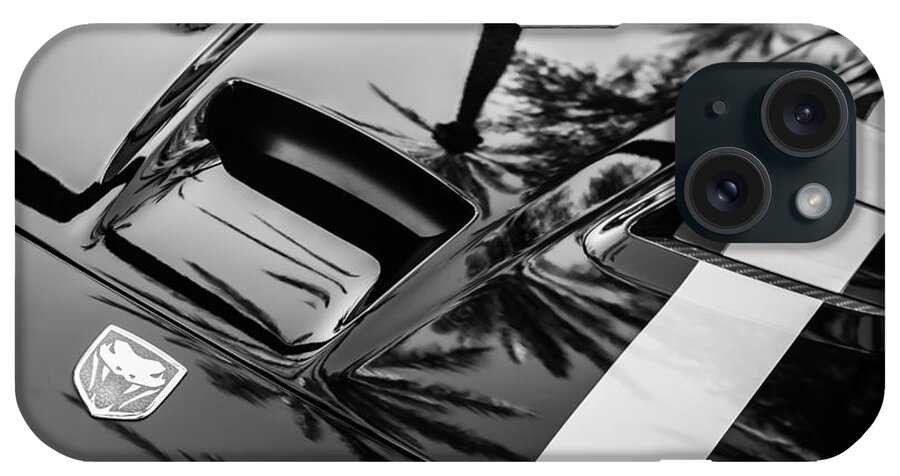 Dodge Viper Hood Emblem iPhone Case featuring the photograph Dodge Viper Hood Emblem -0376bw by Jill Reger