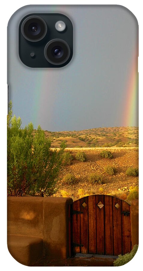 Landscapes iPhone Case featuring the photograph Double Rainbow Beyond the Gate by Mary Lee Dereske