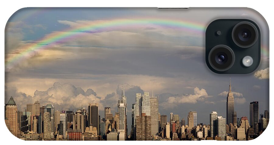 New York City Skyline iPhone Case featuring the photograph Double Rainbow Over NYC by Susan Candelario