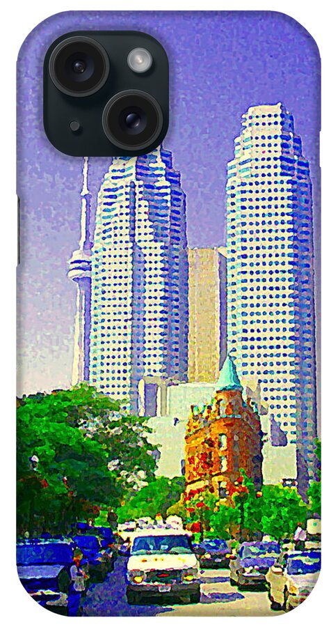 Toronto iPhone Case featuring the painting Downtown Core Flatiron Building And Cn Tower Toronto City Scenes Paintings Canadian Art Cspandau by Carole Spandau