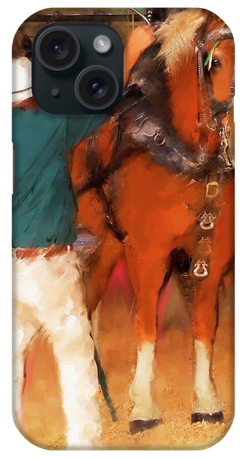 Horse Art Paintings iPhone Case featuring the painting Draft Horse And trainer by Ted Azriel