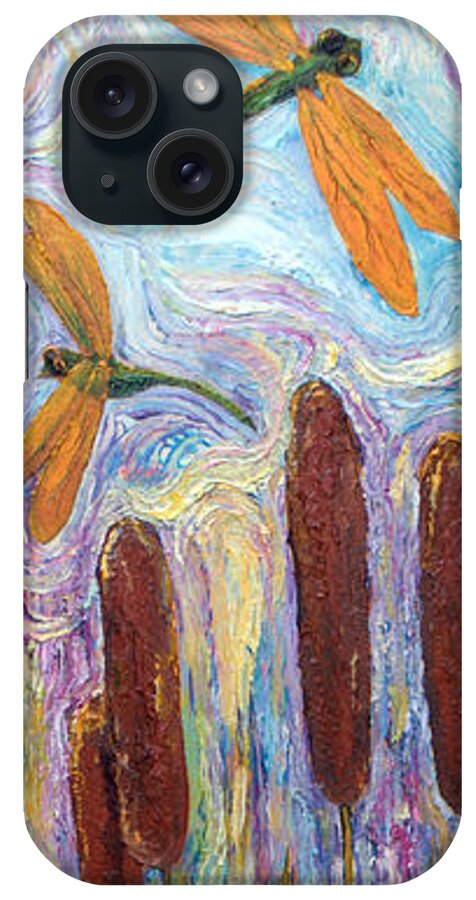 Bullrushes iPhone Case featuring the painting Dragonflies and Bulrushes by Paris Wyatt Llanso