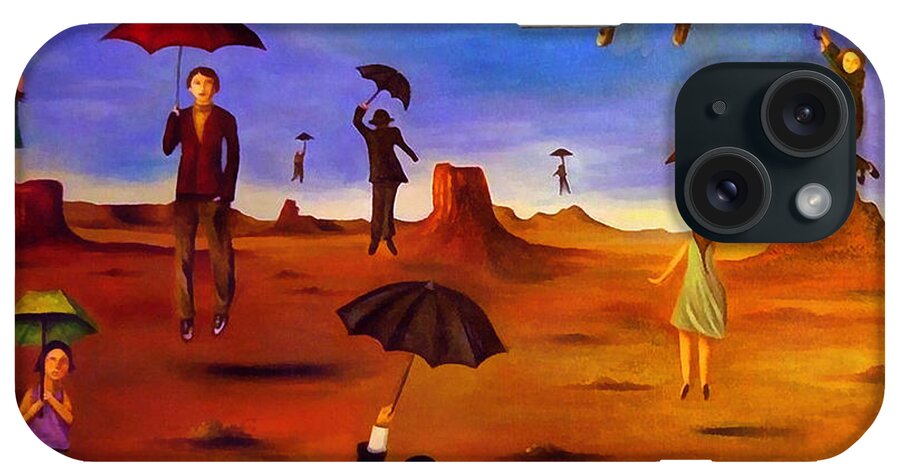 Umbrella iPhone Case featuring the painting Spirit Of The Flying Umbrellas edit 5 by Leah Saulnier The Painting Maniac