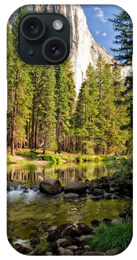 Landscape Reflection Clouds Water Yosemite national Park sierra Nevada Sky Mountains Scenic Nature California Trees iPhone Case featuring the photograph El Cap and Merced River by Cat Connor