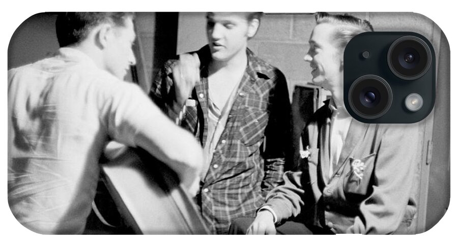 Elvis Presley iPhone Case featuring the photograph Elvis Presley with Gene Smith and Scotty Moore 1956 by The Harrington Collection