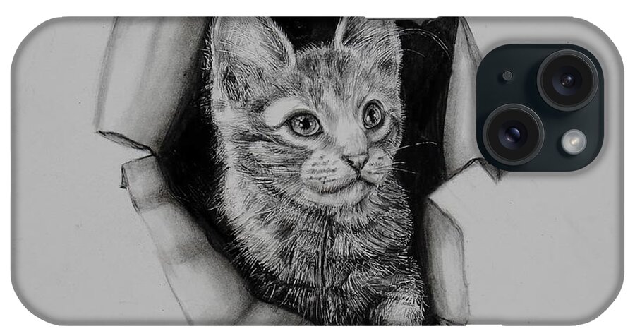 Kitten iPhone Case featuring the drawing Exploring by Jean Cormier