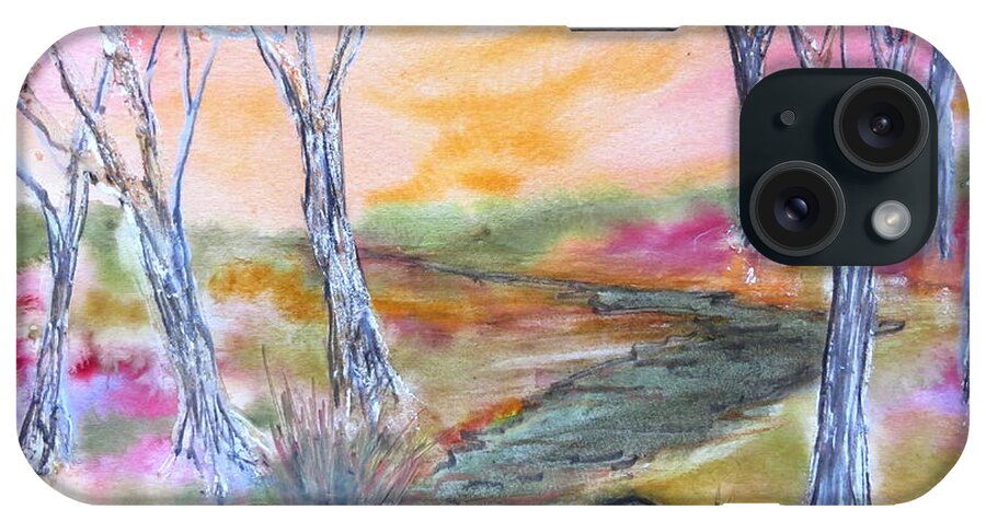 Fall Sky Sunset Leaves Autumn Fall Nature Hike Walk Path Saltwater Colors Trees Red Orange Yellow Green Studio Wildlife Natural Peaceful Path iPhone Case featuring the painting Fall Glow by Daniel Dubinsky