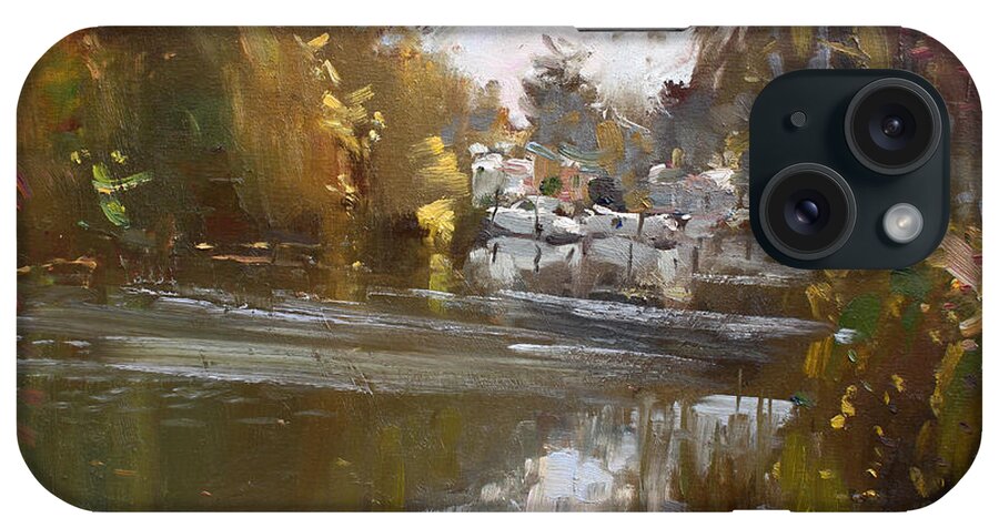 Fall Reflections iPhone Case featuring the painting Fall reflections at North Tonawanda Canal by Ylli Haruni
