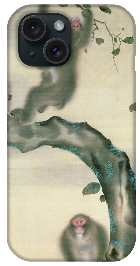 Monkey iPhone Case featuring the painting Family Of Monkeys In A Tree by Japanese School