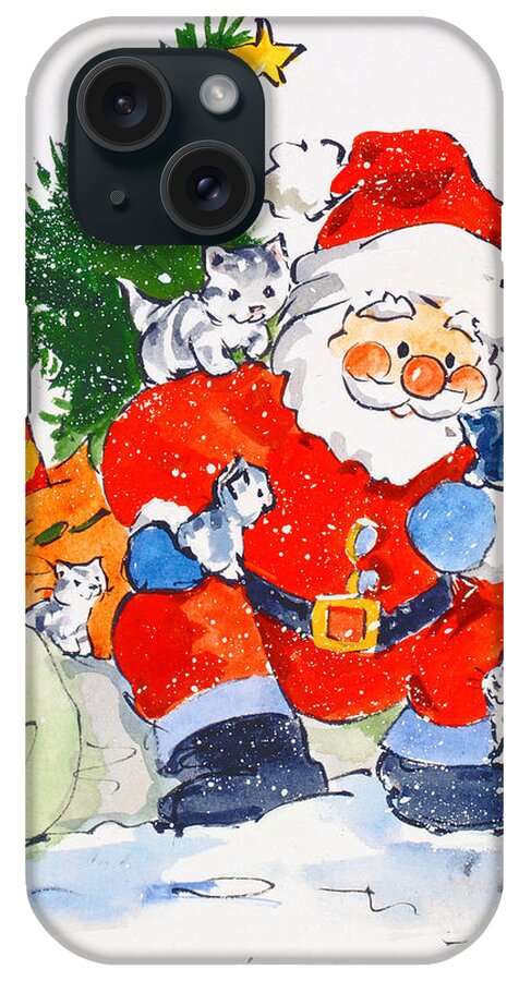 Christmas iPhone Case featuring the painting Father Christmas And Kittens, 1996 by Diane Matthes