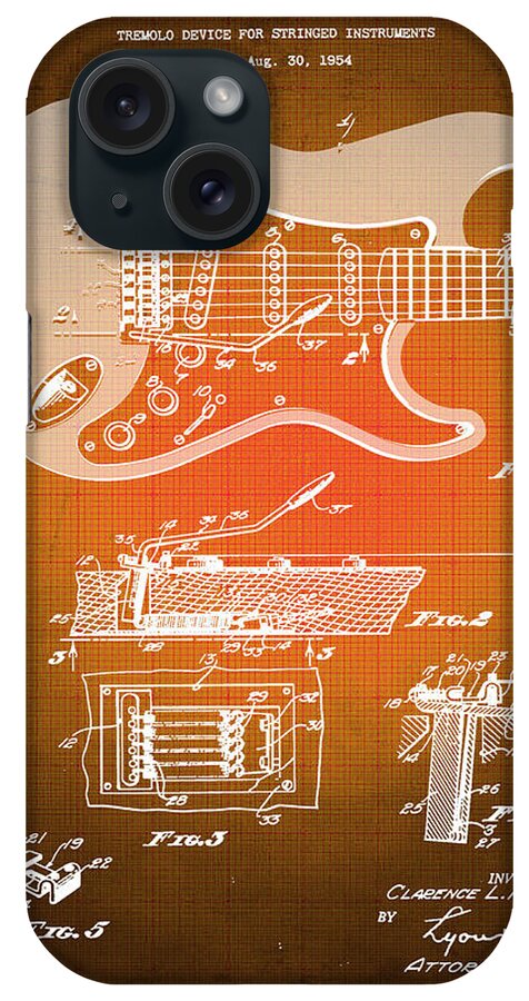 Guitar iPhone Case featuring the mixed media Fender Guitar Patent Blueprint Drawing Sepia by Tony Rubino