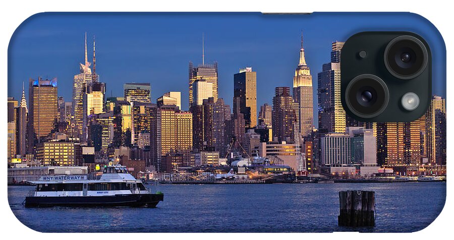 Best New York Skyline Photos iPhone Case featuring the photograph Ferry past Manhattan by Mitchell R Grosky