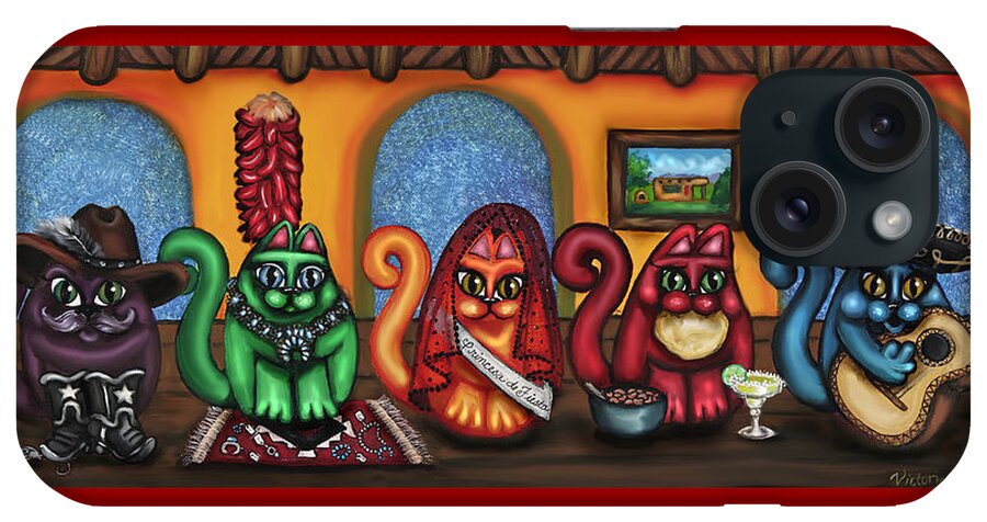 Folk Art iPhone Case featuring the painting Fiesta Cats or Gatos de Santa Fe by Victoria De Almeida