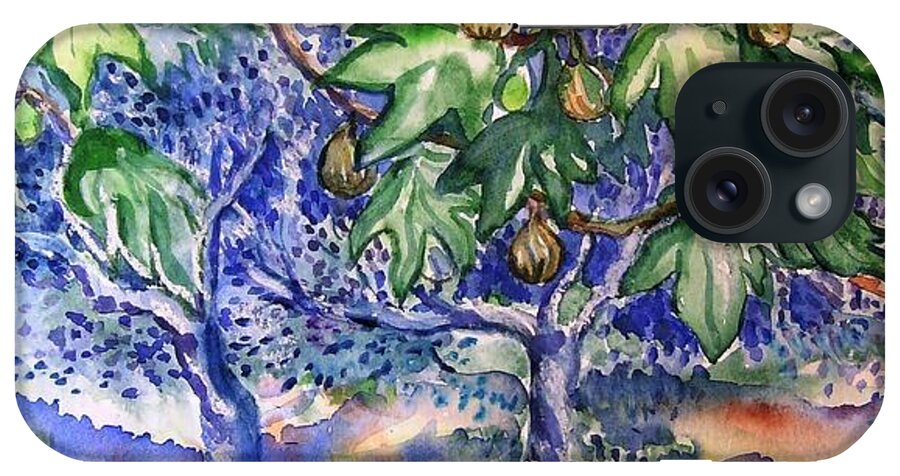 Fig Tree iPhone Case featuring the painting Fig tree and Olive trees in a Tuscan garden by Trudi Doyle