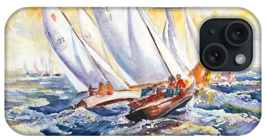 Folkboat iPhone Case featuring the painting Fight At The Mark - Folkboats Tacking by Barbara Pommerenke