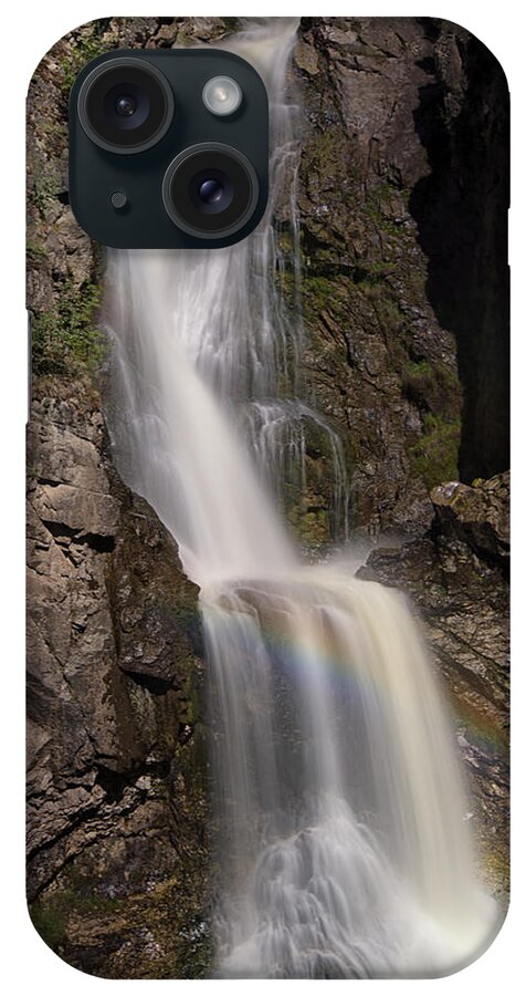 Fintry Provincial Park iPhone Case featuring the photograph Fintry Falls and Rainbow by Allan Van Gasbeck