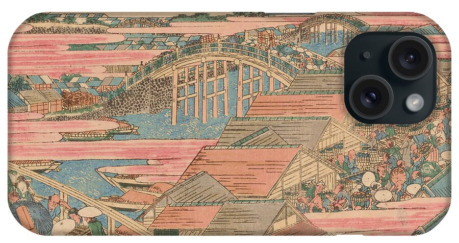 Orient iPhone Case featuring the painting Fish Market by River in Edo at Nihonbashi Bridge by Hokusai
