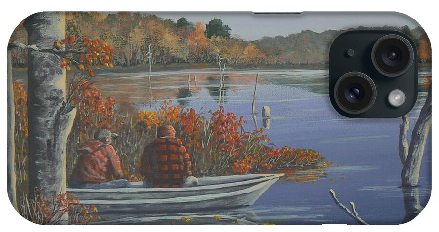 Landscape iPhone Case featuring the painting Fishing at Lake Nuangola by Ray Nutaitis