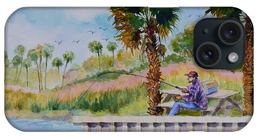 River iPhone Case featuring the painting Fishing on the Peir by Jyotika Shroff