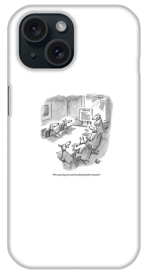 Five Dogs Sit Around An Office Meeting Table iPhone Case