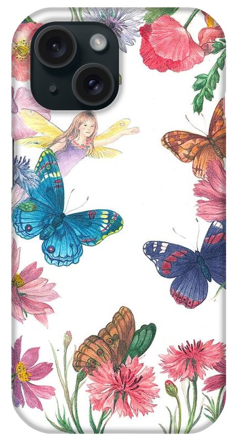 Flower Fairy iPhone Case featuring the painting Flower Fairy Illustrated Butterfly by Judith Cheng