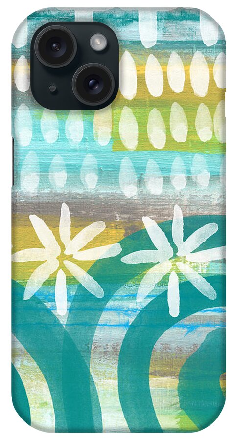 Blue And Yellow iPhone Case featuring the painting Flowers and Waves- abstract pattern painting by Linda Woods