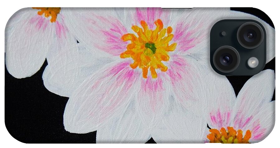 White Flowers Black Background iPhone Case featuring the painting Flowers Of The Night by Celeste Manning